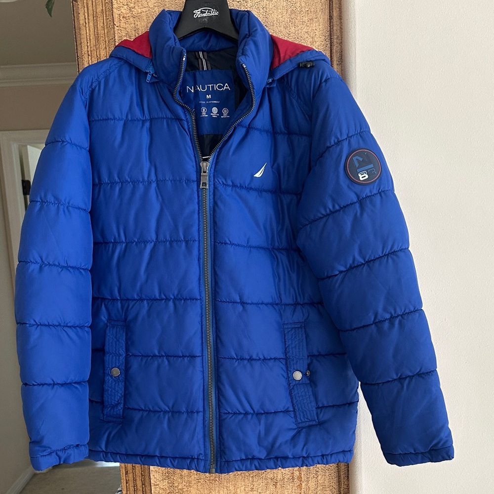 Nautica N83 Men’s Medium Blue Multi Pocket Hooded Puffer Jacket
